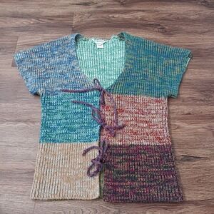 Vintage Sears The Gathering Colorblock Knit Tie Front Cardigan Vest Small 96621